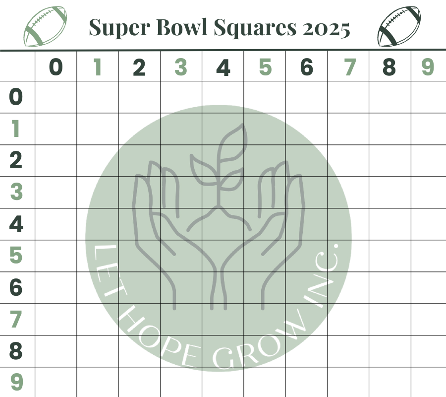 Super Bowl Squares fundraiser grid for 2025 featuring the Let Hope Grow logo in the center. Supports ALS families through a unique game format.