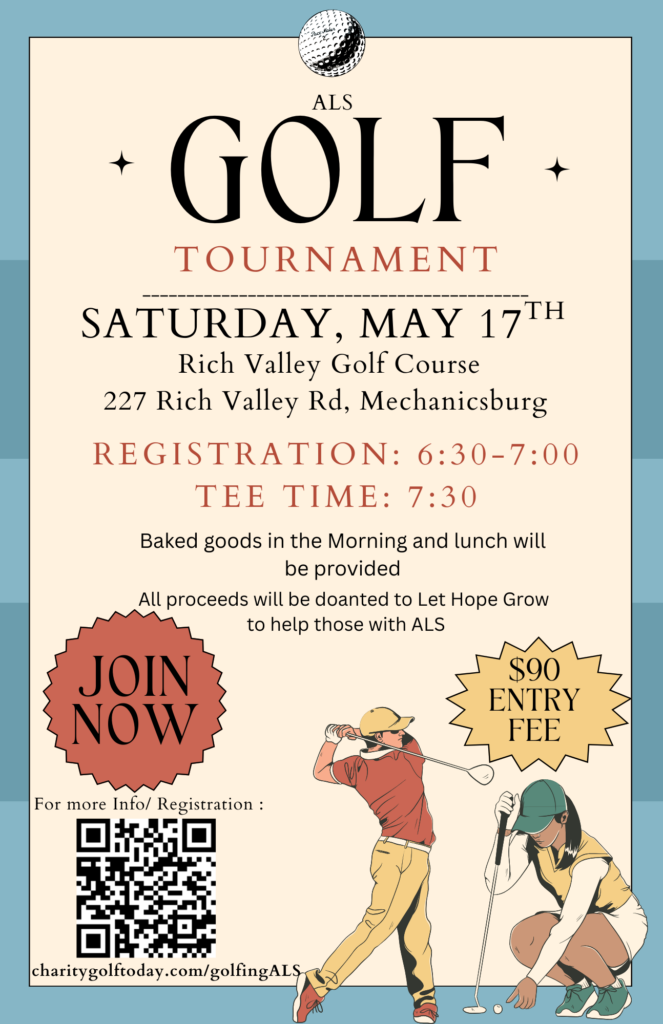Flyer for Let Hope Grow's ALS Golf Tournament in Mechanicsburg on May 17 with event details and illustrations of golfers