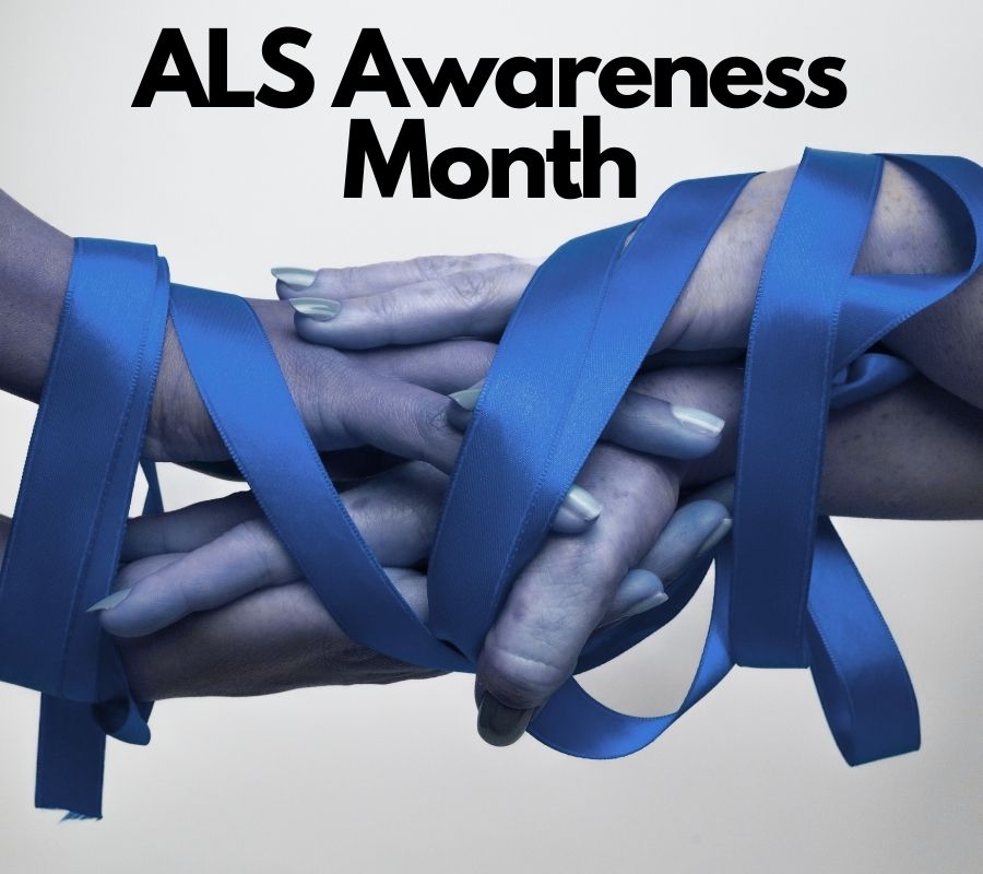 Blue ribbons wrapped around joined hands, symbolizing unity, strength, and support during ALS Awareness Month