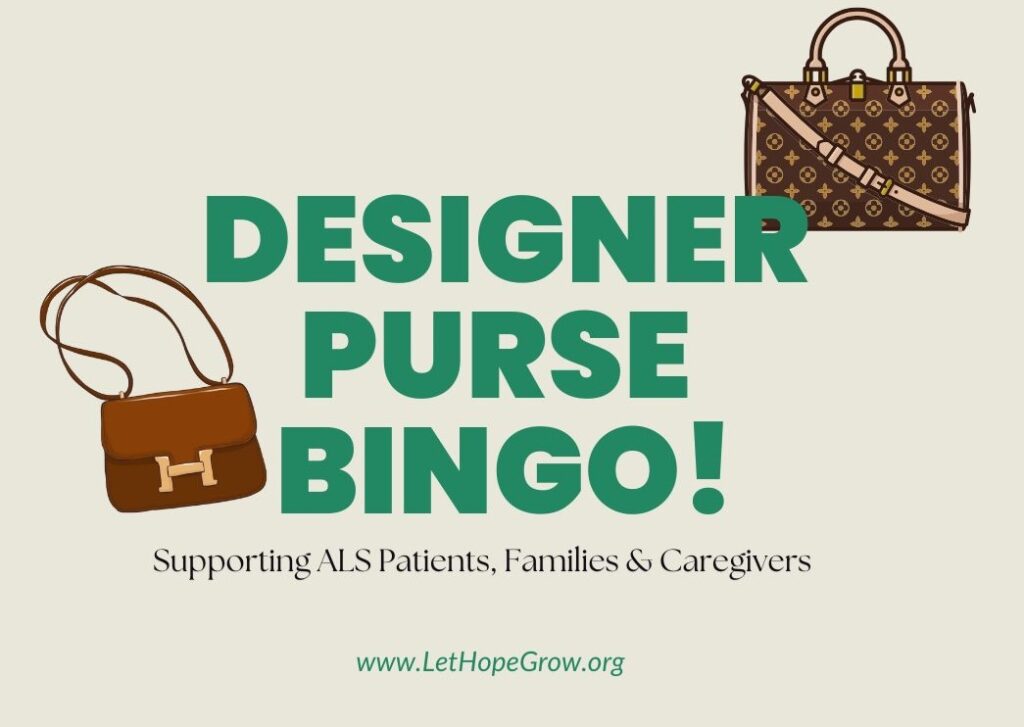 Promotional graphic for Designer Purse Bingo Fundraiser supporting ALS patients, families, and caregivers on July 24 in Hummelstown, PA.