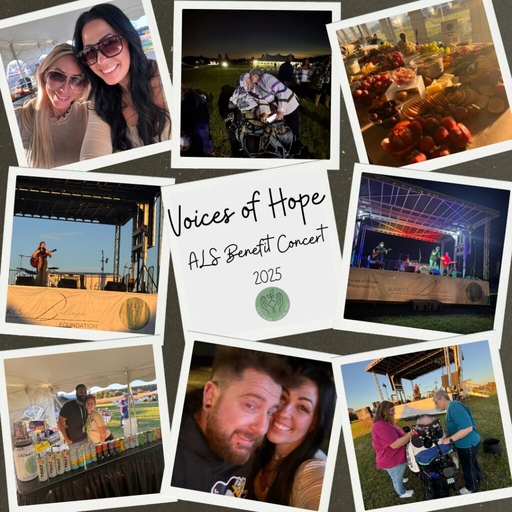 Collage of photos from the 2025 Voices of Hope ALS Benefit Concert in East Berlin, PA, showing live music, food displays, guests, and ALS families.